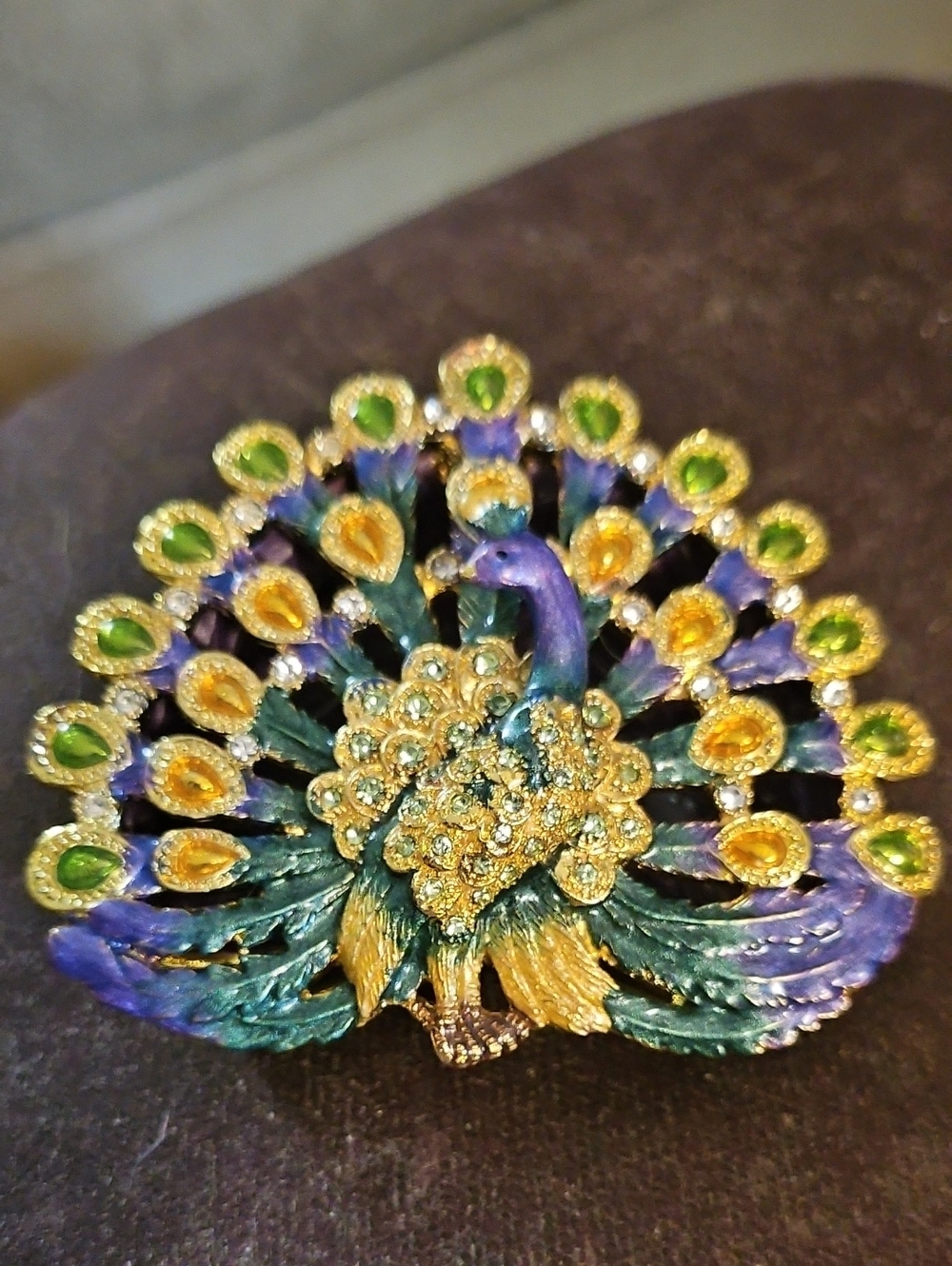 Enamel Peacock Trinket Box with Crystal Accents - Green, Purple & Gold